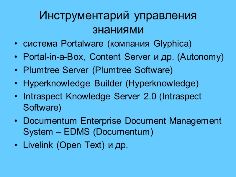 Инструментарий управления знаниями система Portalware (компания Glyphica)  Portal-in-a-Box, Content Server и др. (Autonomy)